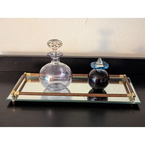 Vintage 1980's Brass and Wood Mirrored Vanity Tray 16"‎ x 7"